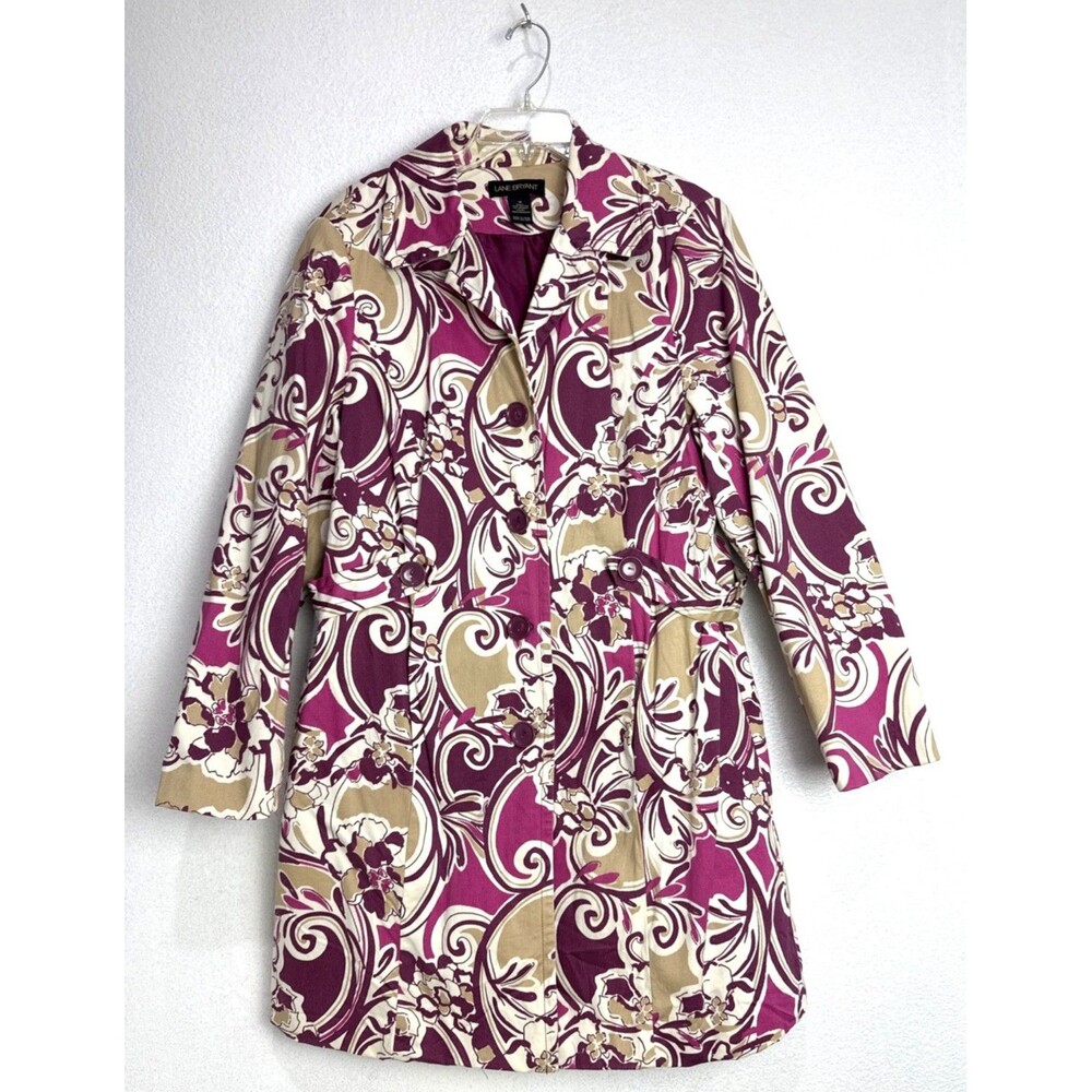 Lane Bryant Pink Burgundy Tan Scroll Print Button Front Trench Blazer Size 18